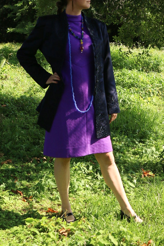 Vintage navy blue beaded button long coat, Marie … - image 5