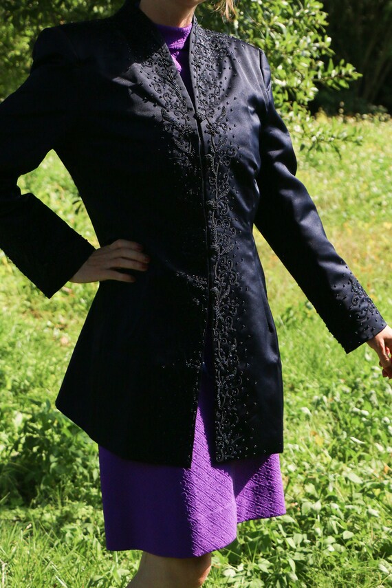 Vintage navy blue beaded button long coat, Marie … - image 10