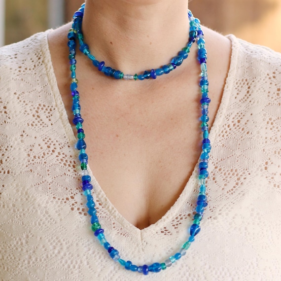 Collier Vintage Long Années 40/60 - 49 Perles En Pâte De Verre Bleue, Sans Pendentif