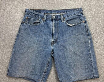 Pantalones cortos vaqueros Levis para adulto, talla W35, color azul, modelo 550, estilo Y2K, lavado medio, etiqueta roja, fabricados en EE. UU.