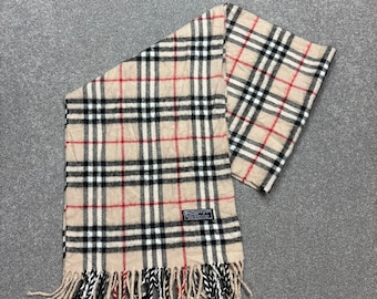 Burberry London-sjaal 56 x 11 inch crèmekleurig geruit 100% lamswol gemaakt in Engeland