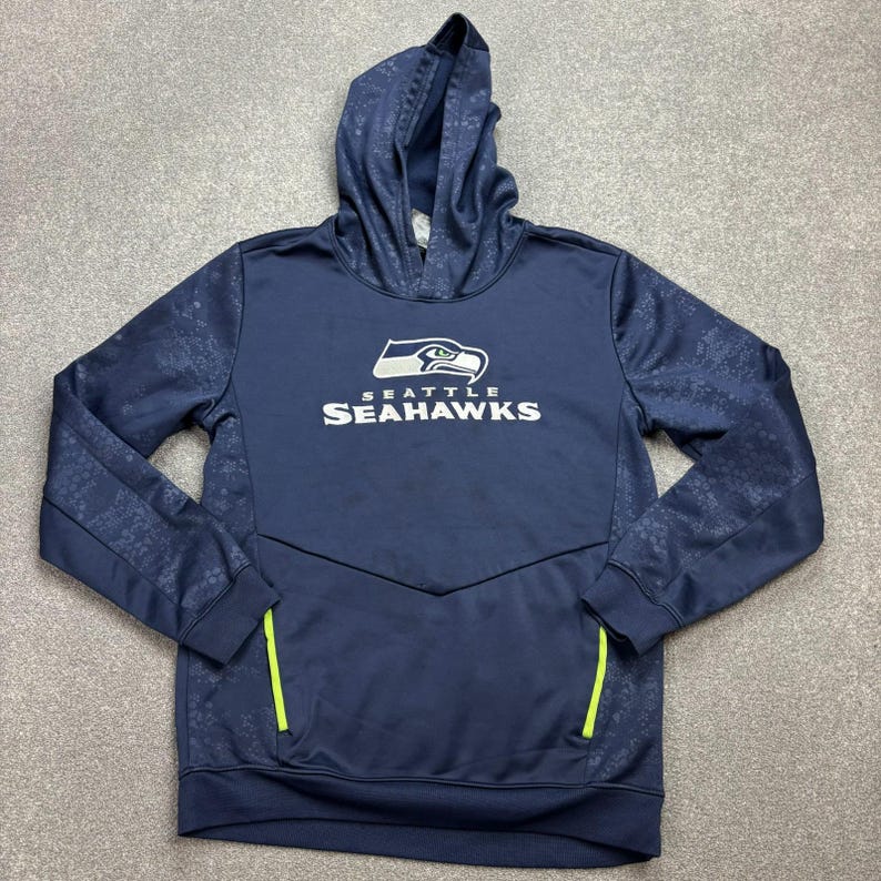 NFL Jumper Kids Large Blue Seattle Seahawks Football 90s USA Logo Hoodie Youth* image 1