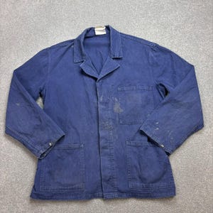 Giacca francese da uomo, blu medio, vintage, militare, da lavoro, stile vintage, invecchiata