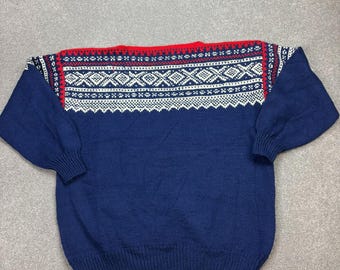 Jersey de punto de lana azul Fair Isle para adulto, talla grande, de Noruega.