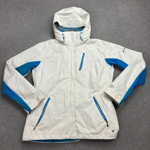 Columbia Jacket Womens Large White Omni-Tech Bomber Hood Rain Outdoor Coat Lady*
