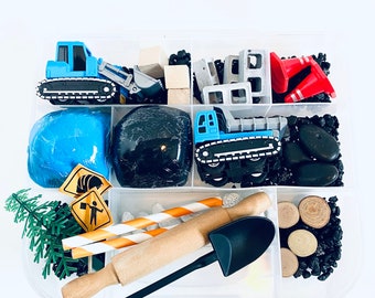 Kit de juego sensorial de construcción, plastilina, vehículos, bloques, estuche de viaje.