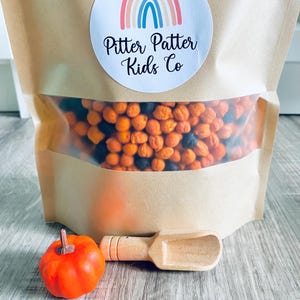 Peut inclure: Un sac en papier brun avec une fenêtre transparente, rempli d'articles orange et noirs. Une petite citrouille orange et une cuillère en bois sont devant le sac. Le sac porte un autocollant avec un arc-en-ciel et le texte "Pitter Patter Kids Co."