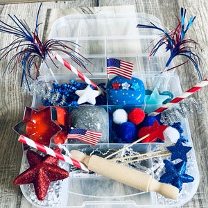 July 4th Sensory Play Kit, 4th of July Sensory box, kids gift, playdoh kit, play dough kit, kids gift, kids busy box,Travel Sensory Kit