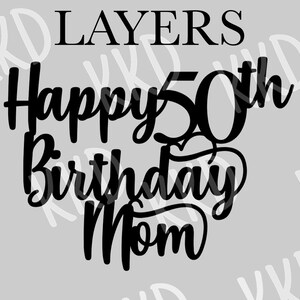 Op de afbeelding: Zwart-wit gelaagd ontwerp met de tekst "Happy 50th Birthday Mom" en het woord "Layers" bovenaan.