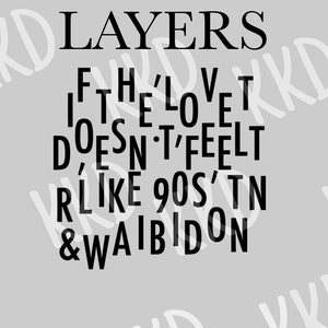 May include: Black and white text on a gray background. The text reads "LAYERS", "IF THE LOVE", "DOESN'T FEEL", "LIKE 90S' TN", "& WAIBIDON".