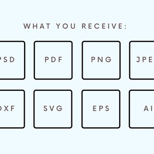 Op de afbeelding: Een grafiek die de verschillende bestandsformaten laat zien die je ontvangt bij de aankoop van een digitaal ontwerp. De bestandsformaten omvatten PSD, PDF, PNG, JPEG, DXF, SVG, EPS en AI.