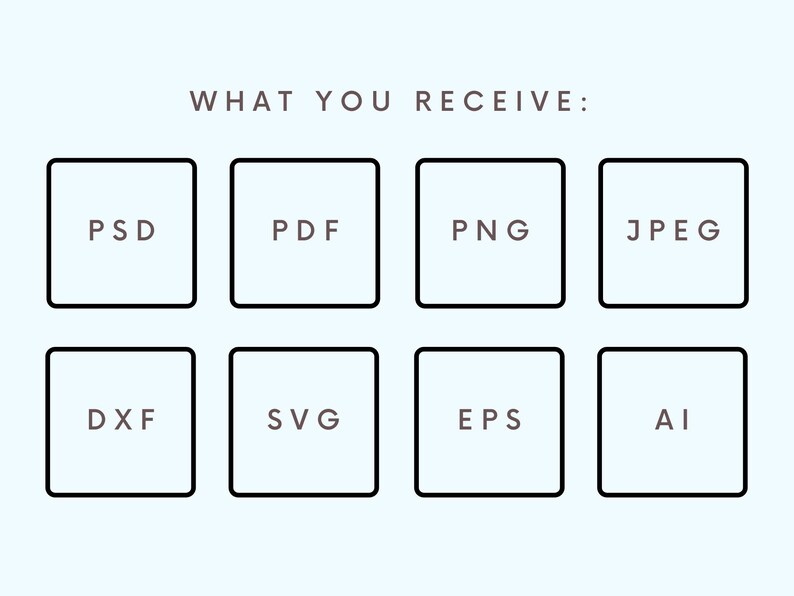 Op de afbeelding: Een grafiek die de verschillende bestandsformaten laat zien die je ontvangt bij de aankoop van een digitaal ontwerp. De bestandsformaten omvatten PSD, PDF, PNG, JPEG, DXF, SVG, EPS en AI.