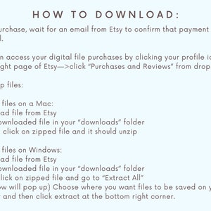 Op de afbeelding: Een lichtblauwe achtergrond met instructies over het downloaden van digitale bestanden van Etsy. De instructies omvatten stappen voor het uitpakken van bestanden op zowel Mac als Windows.