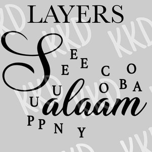 May include: Black and white graphic with the text "LAYERS" above a stylized cursive "S" and the word "alaam" below. The letters "E", "C", "O", "B", "A", "U", "P", "N", and "Y" are scattered around the cursive "S" and the word "alaam".