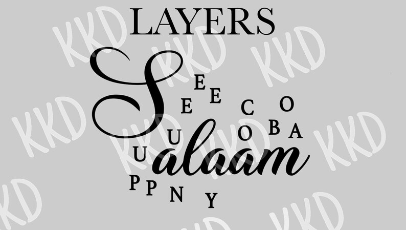 May include: Black and white graphic with the text "LAYERS" above a stylized cursive "S" and the word "alaam" below. The letters "E", "C", "O", "B", "A", "U", "P", "N", and "Y" are scattered around the cursive "S" and the word "alaam".