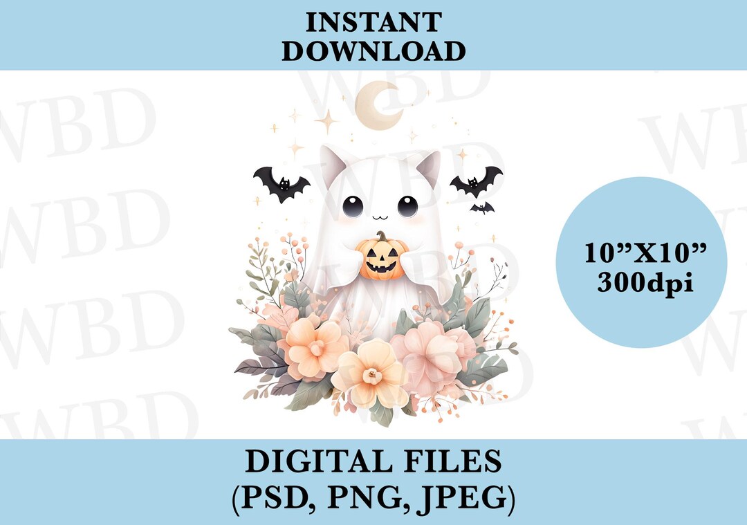 Cute Ghost Cat Digital Design – PSD PNG JPEG Halloween Sublimation File ...