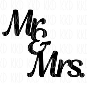 Op de afbeelding: Zwart-wit grafisch ontwerp met de tekst "Mr & Mrs" in een gestileerd handschrift.
