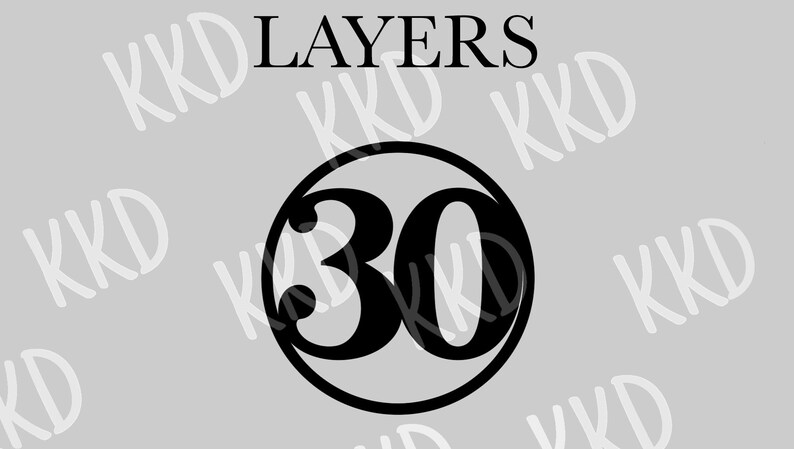 May include: Black and white graphic design with the text "LAYERS" and the number "30" in a circle.