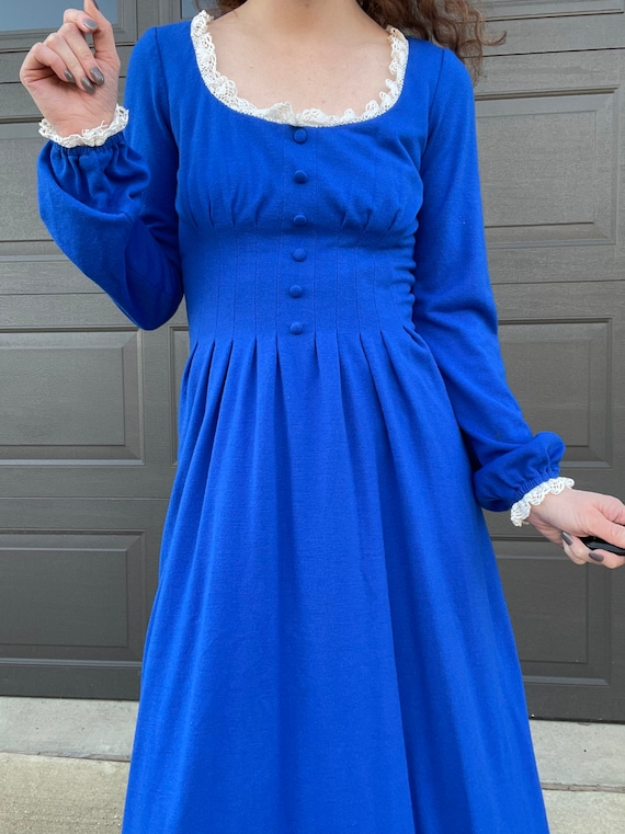 1970s Lanz Dress Maxi Blue Polyester Knit Prairie 