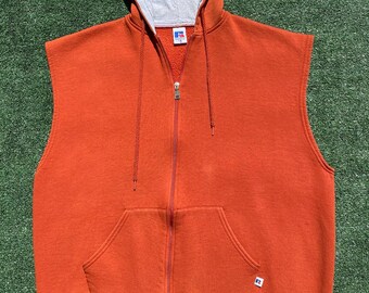 Sudadera con capucha sin mangas y cremallera completa Russell Athletic color naranja quemado, estilo vintage de los 90, talla 2XL para hombre.