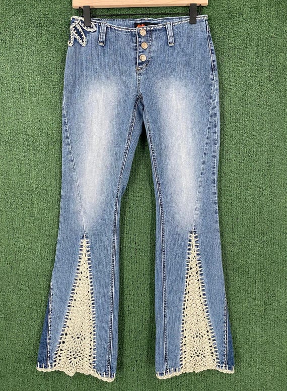 Vintage Y2K Dollhouse Crochet Flare Bell Bottom Denim Jeans