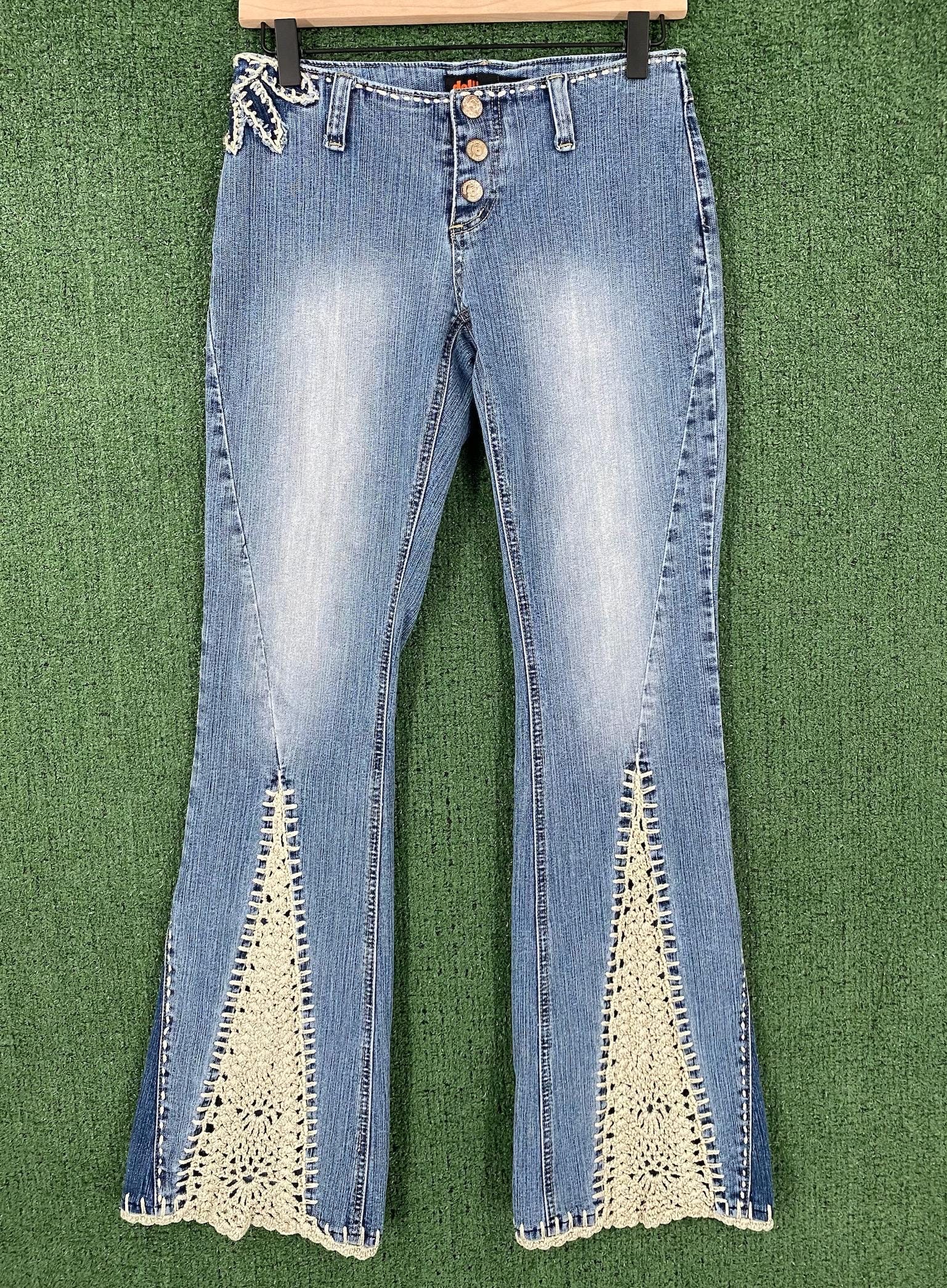 Vintage Y2K Dollhouse Crochet Flare Bell Bottom Denim Jeans