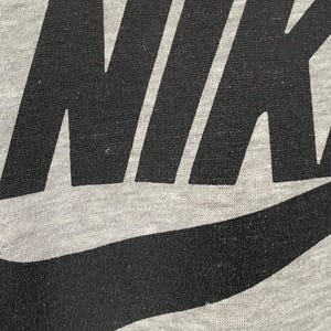 May include: Close-up of a gray fabric with the black Nike logo. The logo is large and centered, with the word "NIKE" prominently displayed. The fabric has a slightly textured appearance.