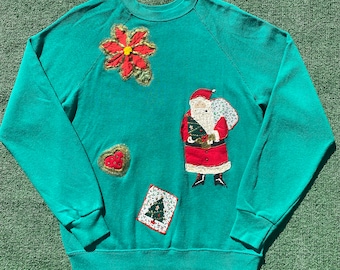 Vintage 80’s Christmas Holiday Santa Cat Tree Handmade Sweatshirt Women’s Small