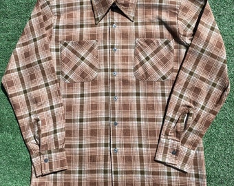 Vintage 60’s Sanforized Brown Plaid Cotton Flannel Lightweight Shirt Mens Medium