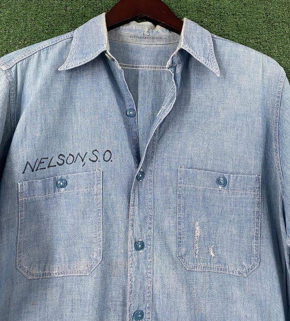 Vintage 1940's WW2 US Navy Chambray Button up Work Shirt Named