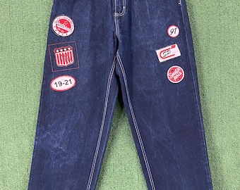 Jeansy męskie Vintage Y2K South Pole Baggy z szerokimi nogawkami i łatami w ciemnym kolorze, rozmiar 33