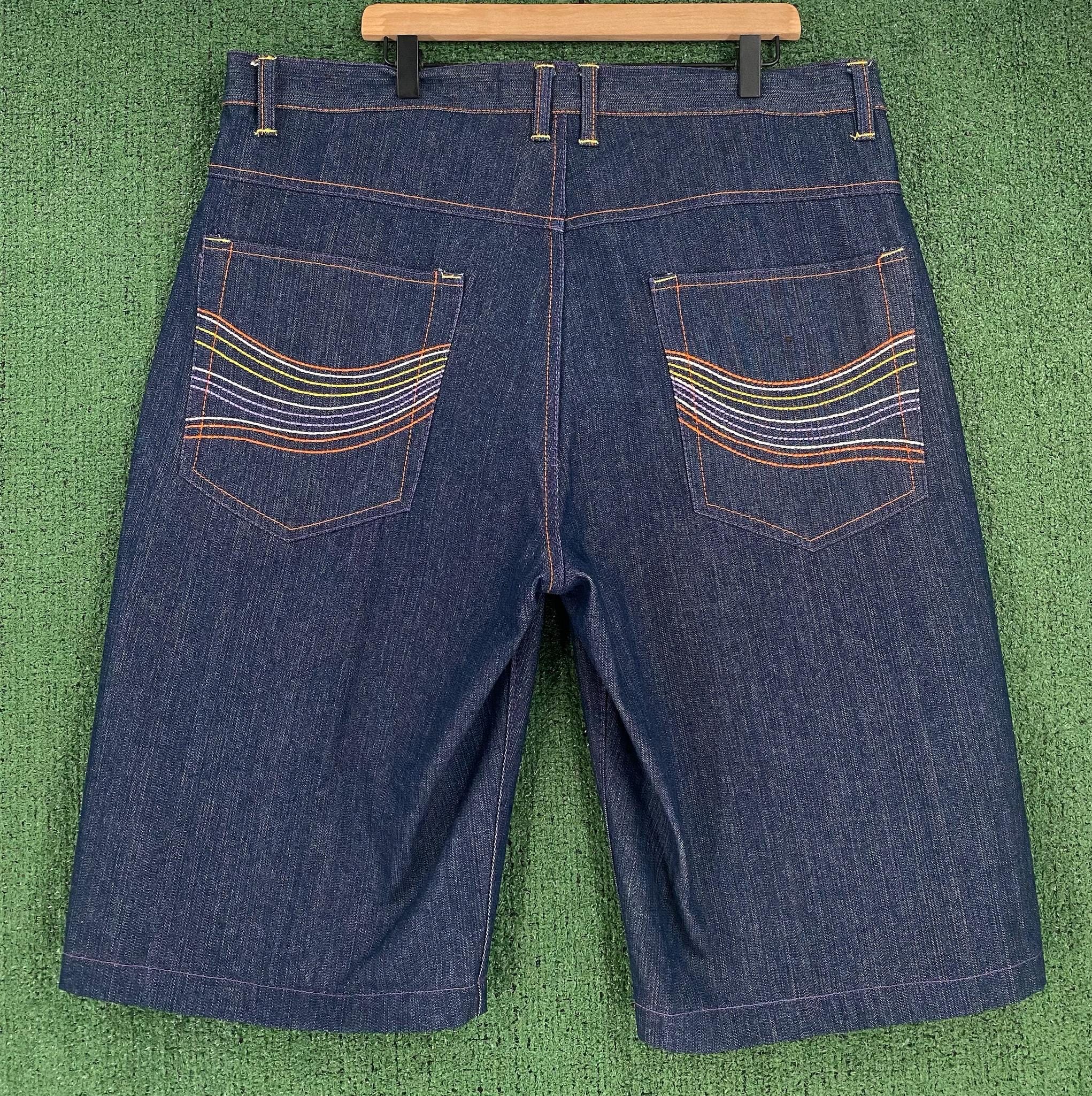 VTG Y2K Noiz カラフル刺繍入りダークデニムバギージーンズショーツ 