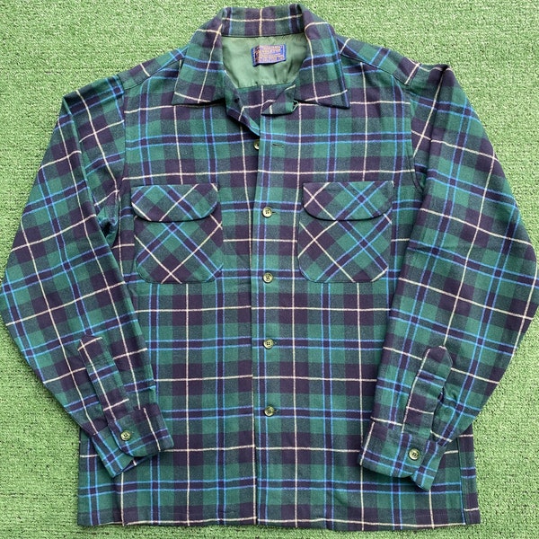 VTG 60’s Pendleton Wool Plaid Flap Pocket Loop Collar Flannel Shirt Men’s Medium