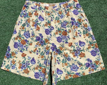 Shorts tejidos plisados con estampado floral integral, estilo vintage de los 90, talla 29 de cintura para mujer.
