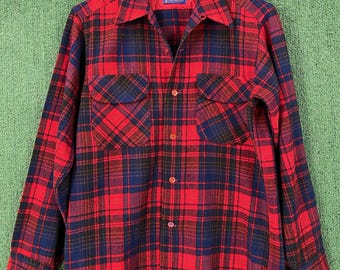 VTG 70er Jahre Pendleton Wolle kariertes Flap Pocket Loop Kragen Flanellhemd Herren Medium