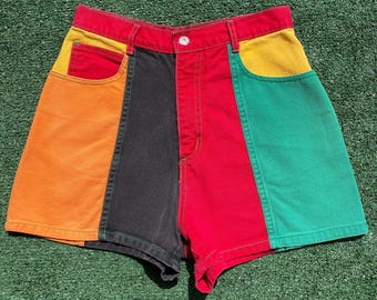 Shorts vaqueros de mezclilla MDM de los años 90, coloridos, con bloques de color, talla 26 de cintura para mujer, hechos en EE. UU.