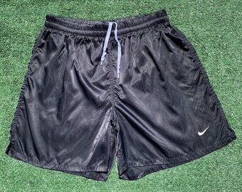 Vintage 90’s Nike Swoosh Satin Shiny White Tag Black Shorts Men’s Size Large