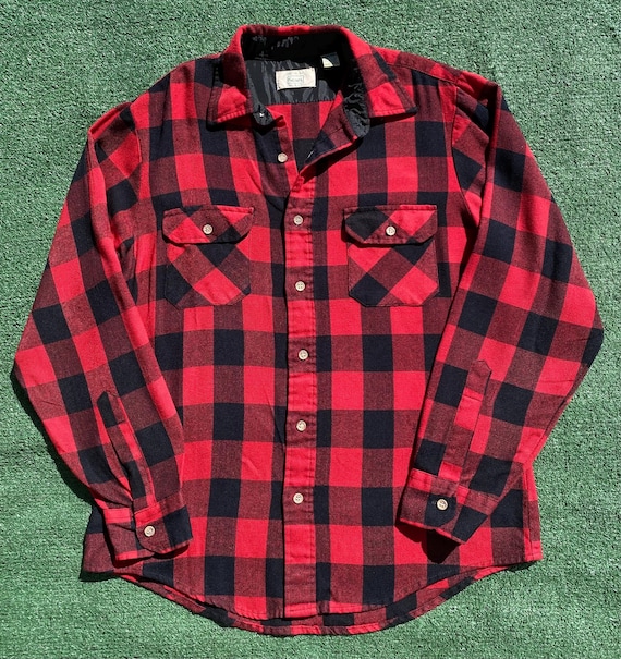 Vintage 80's Sears Buffalo Plaid Red & Black Acrylic Flannel Shirt