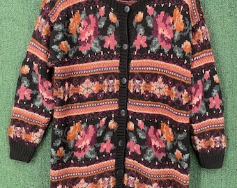 VTG Y2K Floral Fair Isle Patterned Knitted Cardigan Sweater Women’s Size Medium