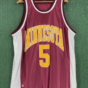 May include: A maroon sleeveless basketball jersey featuring the word MINNESOTA in yellow block letters arched above the number 5 in yellow with a white outline. The jersey has white side panels and a maroon collar with white trim.