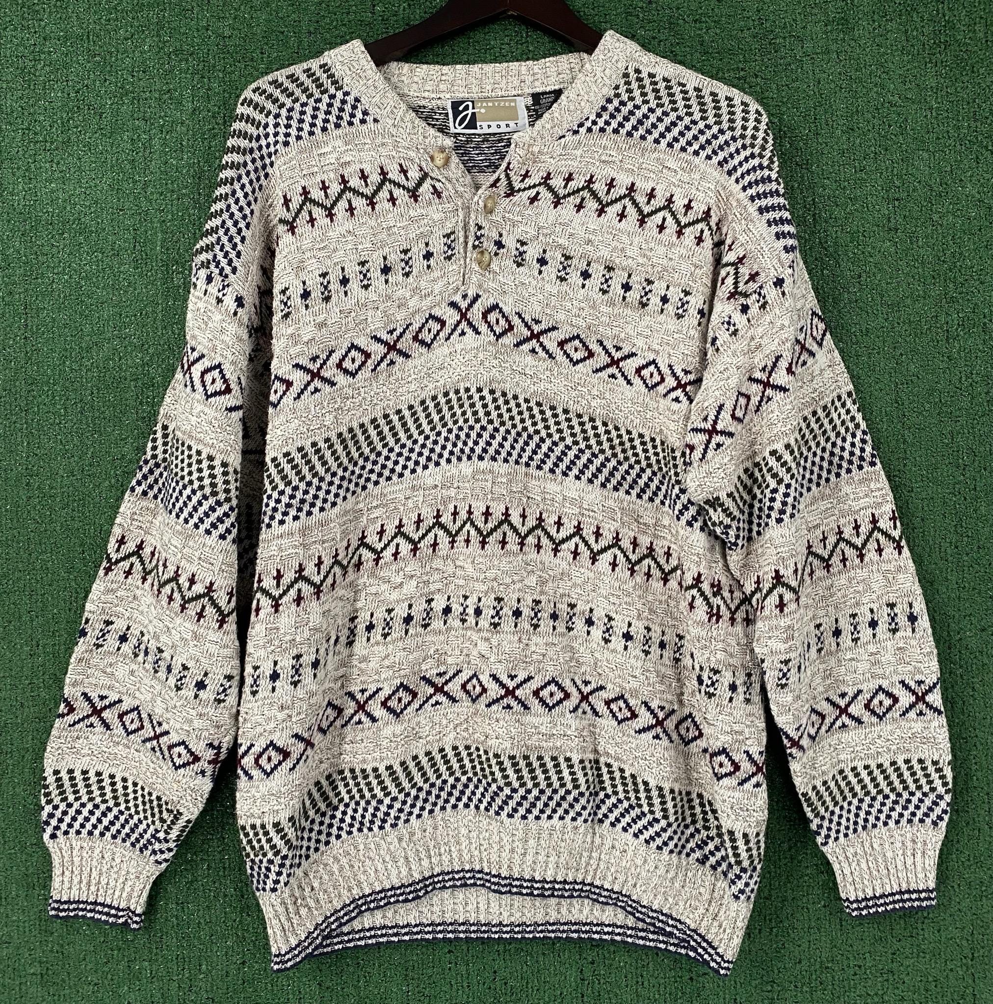 Vintage 90's Jantzen Sport Knit Henley Fair Isle Sweater Men's