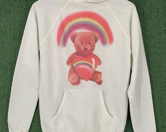 Rzadka bluza z kapturem VTG OP Ocean Pacific Teddy Bear Heart Rainbow Raglan w rozmiarze S, damska