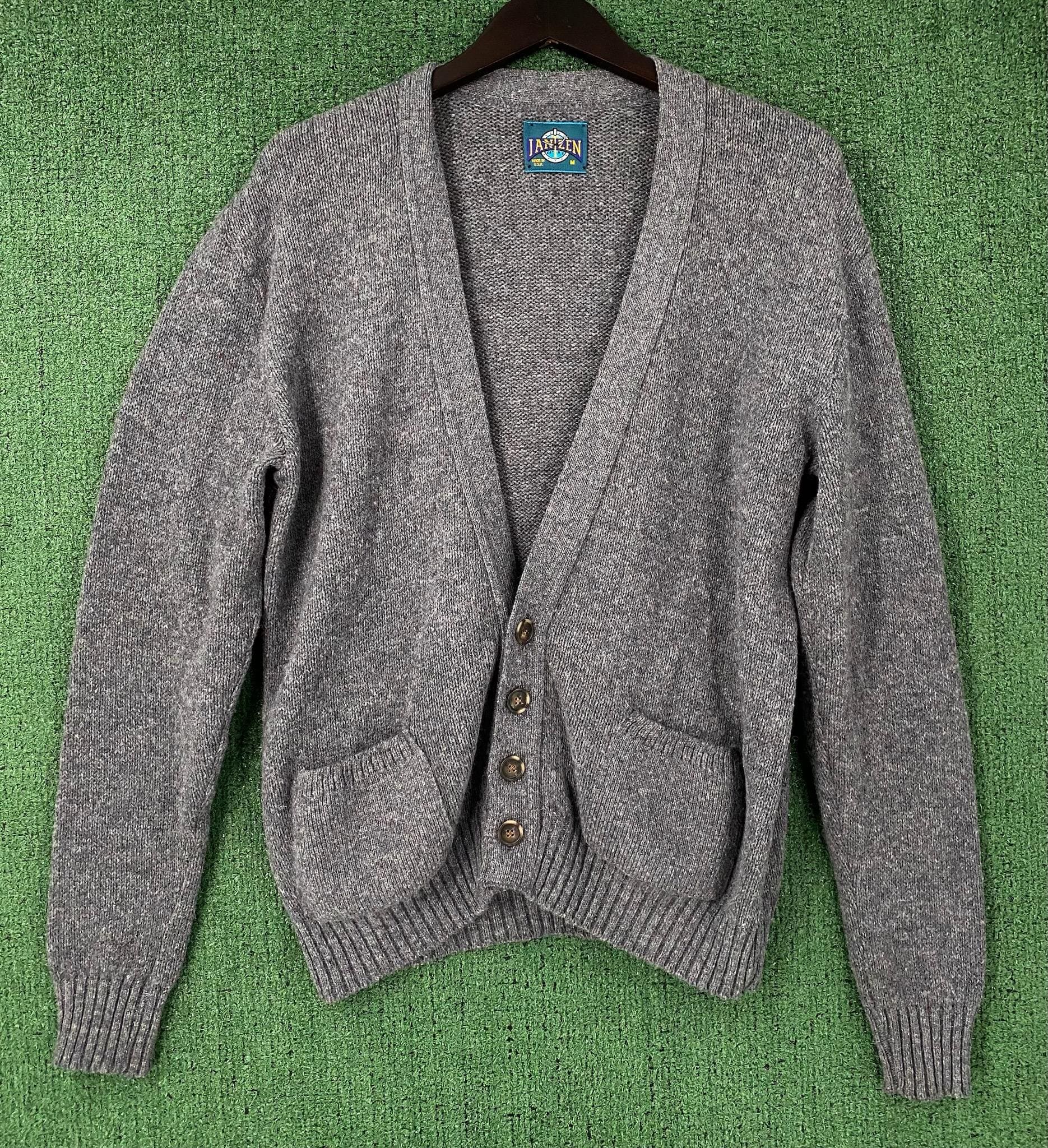 VTG 80's Jantzen 100% Wool Dark Grey Cardigan Sweater Men's Size Large USA Made