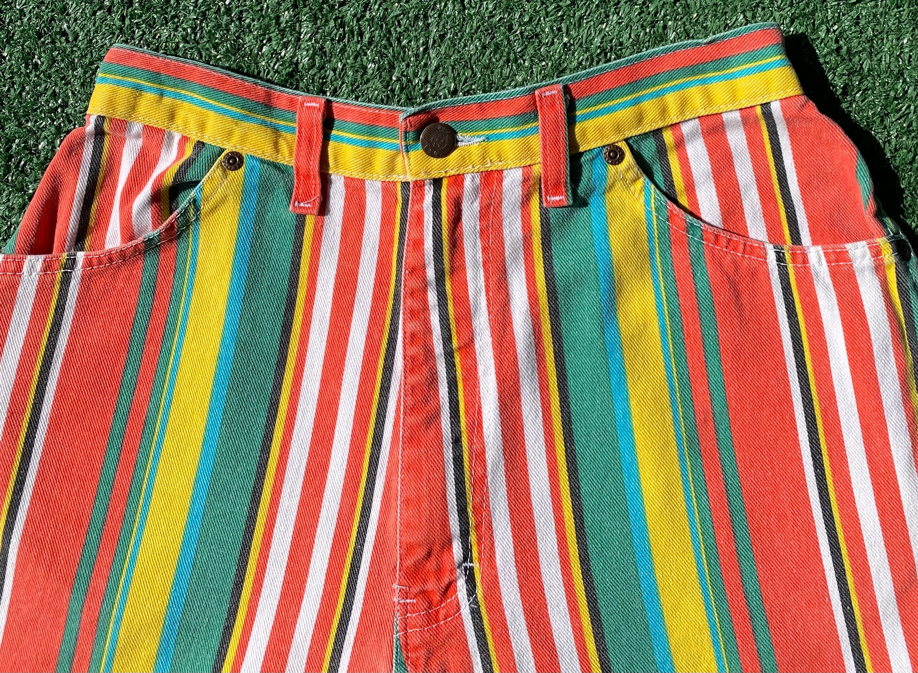 【INCHANT ME】Vintage Stripe Short Pants VTG 80's Colorful Striped Denim Jean Shorts Womens Sz 26