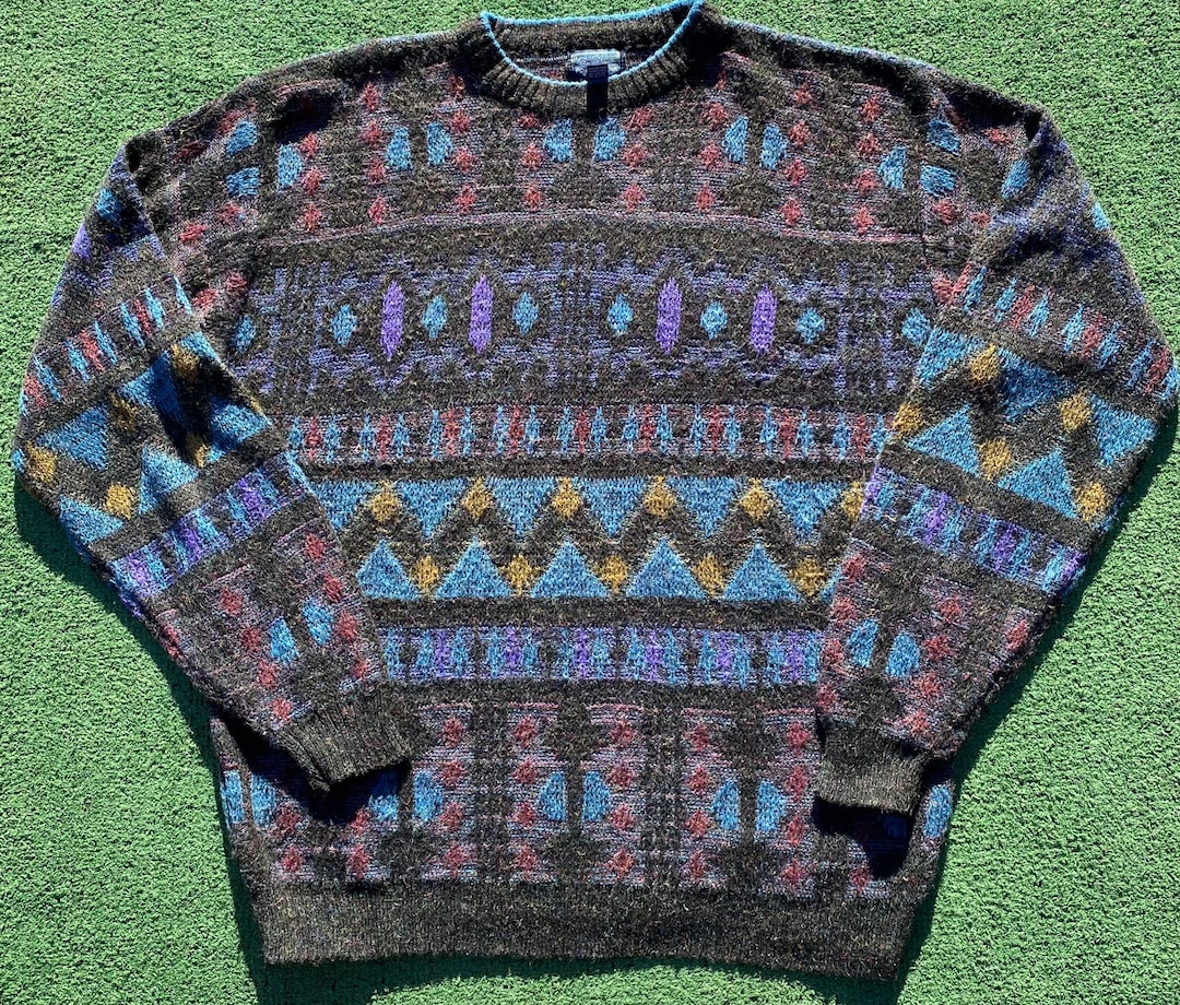 Vintage 80s Boulevard Geometric Patterned Wool Blend Sweater Mens Size XLT Etsy