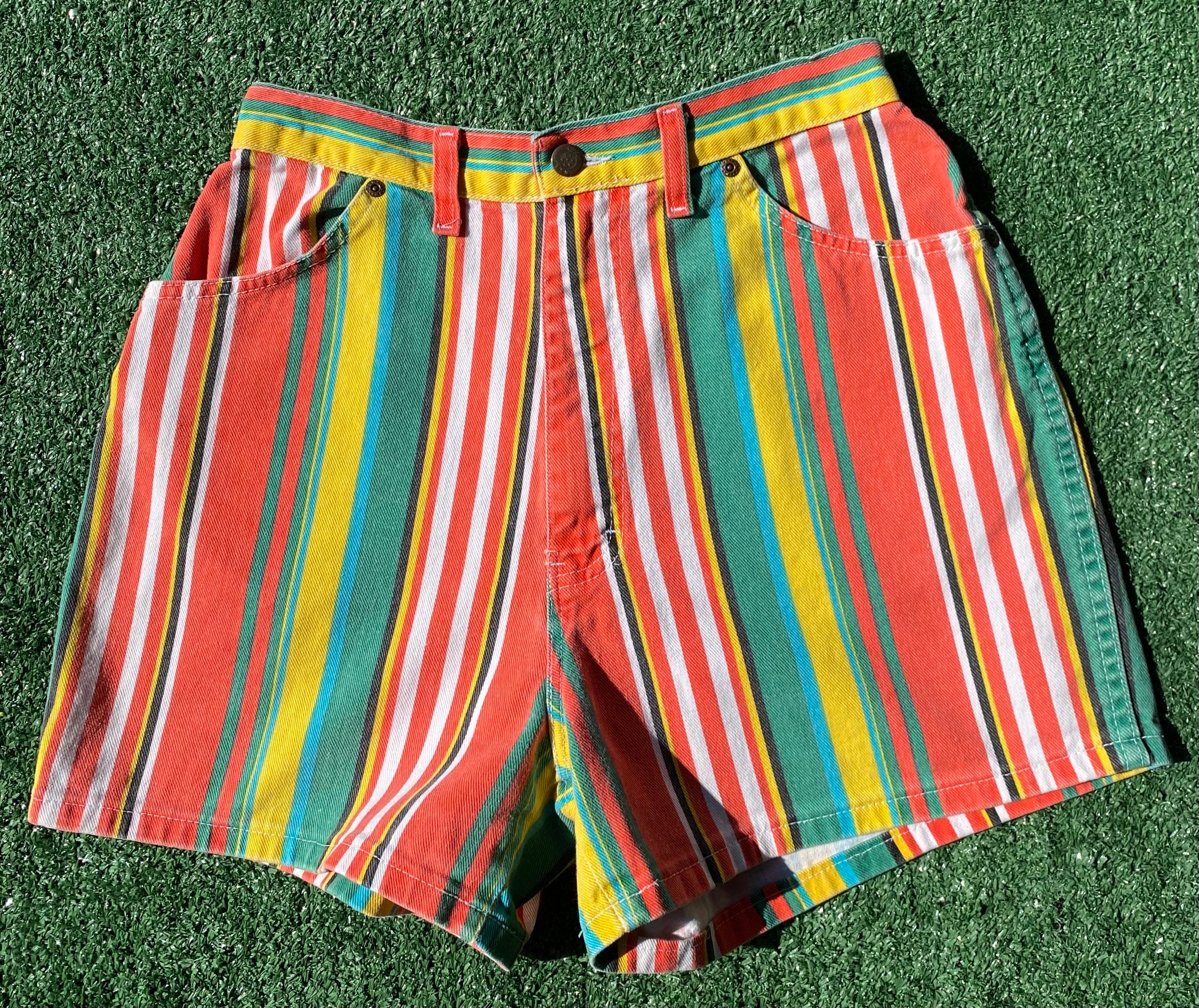 【INCHANT ME】Vintage Stripe Short Pants VTG 80's Colorful Striped Denim Jean Shorts Womens Sz 26