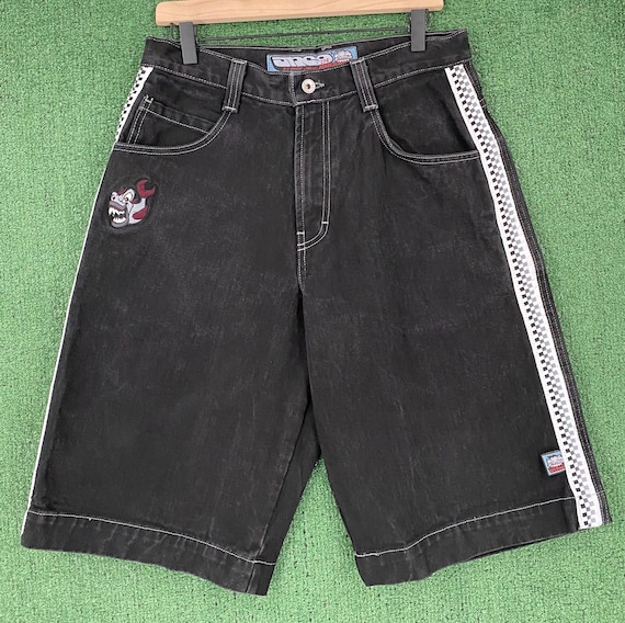 Rare VTG 90's Jnco Piranha Check Sides Black Jean Shorts Jorts