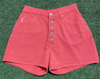 Pantaloncini di jeans rosa vintage anni '90 con chiusura a bottoni Bongo, taglia 25", vita da donna, Made in USA