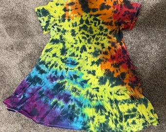Handmade Rainbow Scrunch Tie Dye Dress – Upcycled Sundress • Boho Summer Dress • One-of-a-Kind Ready to Ship (Adult Large)