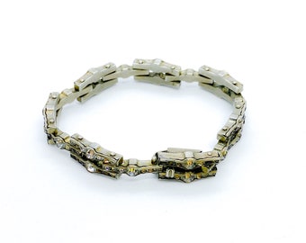 Bracelet Vintage Art Déco Schreiber & Hiller DRGM - Métal Argenté, Onyx Et Strass Années 1930 - Très Bon état